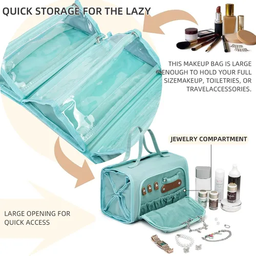 Miniatura 3 de ROYALFAIR Bolsa de maquillaje enrollable, bolsa de aseo impermeable para mujer, organizador de viaje colgante con compartimento organizador de Azul