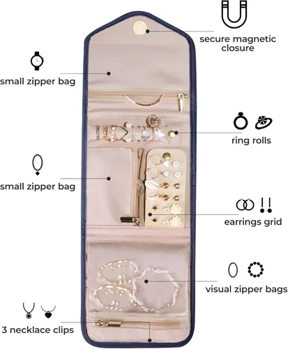 Miniatura 2 de BAGSMART Estuche organizador de joyas de viaje plegable para anillos, collares, aretes, pulseras, mini, azul ahumado