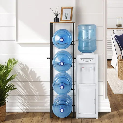 Miniatura 5 de smusei Soporte para jarra de agua de 5 galones con estante, organizador resistente de 4 niveles para botellas de agua, soporte dispensador de agua