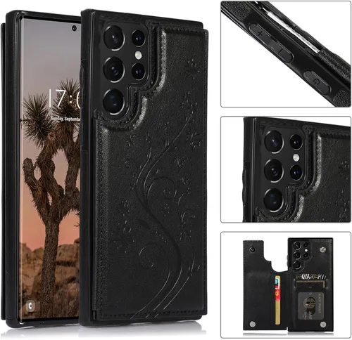 Miniatura 3 de Asuwish Funda para Samsung Galaxy S22 Ultra con protector de pantalla de vidrio templado, funda de cuero con soporte para tarjetas, doble cierre