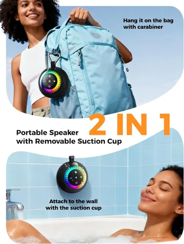 Miniatura 8 de Altavoz de ducha Bluetooth impermeable IPX7: ventosa extraíble con bloqueo de vacío, sonido envolvente de 360°, luces RGB, altavoz inalámbrico Negro