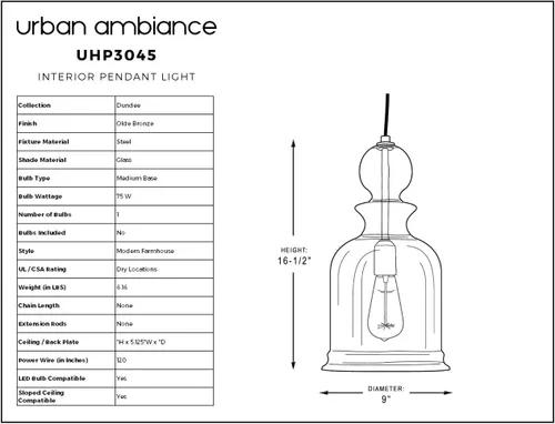 Miniatura 3 de Urban Ambiance Lámpara colgante moderna de lujo estilo granja, tamaño pequeño: 16-1/2 "x 9", con elementos de estilo aislante eléctrico, acabado
