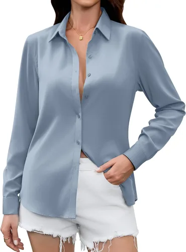 Miniatura 9 de Camisas Premium de Seda Satinada Suave y Transpirable con Botones para Mujer, Blusas de Manga Larga, Tops de Trabajo Casuales