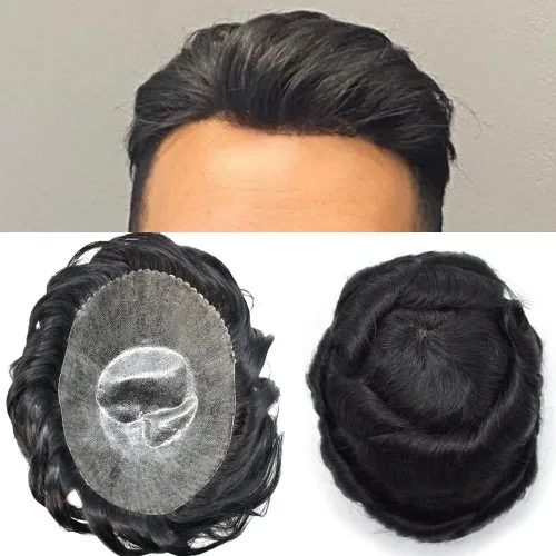 Miniatura 9 de Toupee para hombres de piel fina inyección de PU unidad de peluca para hombre, pieza de cabello humano natural real, sistema de repuesto