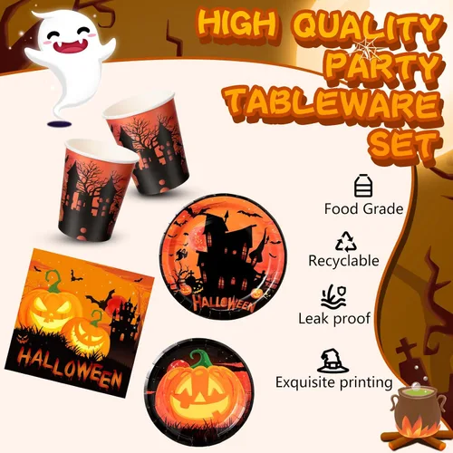 Miniatura 3 de Sliner 180 piezas de suministros para fiesta de Halloween, platos, servilletas, vasos, servir, 30 platos desechables de Halloween, platos de postre