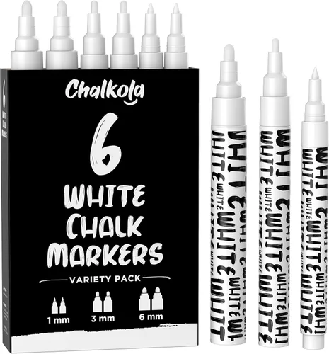 Miniatura 10 de Chalkola Marcadores de tiza blanca (paquete de 6) – Bolígrafos de tiza líquida de borrado en seco blanco para pizarra, pizarra, ventana, bistró, 6