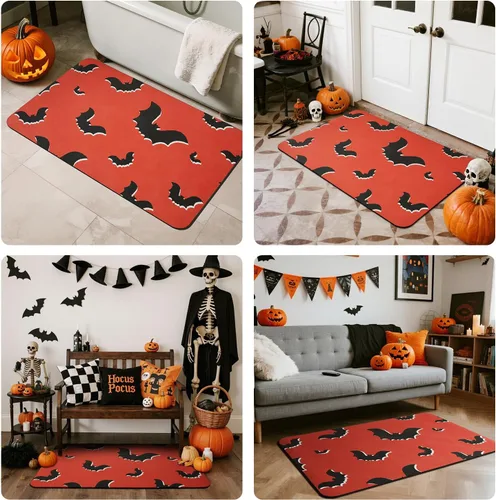 Miniatura 9 de TYUU Tapete de Baño de Halloween, Alfombra de Baño de Halloween Delgada Antideslizante de Secado Rápido Tapete de Baño de Murciélago que Cabe Debajo