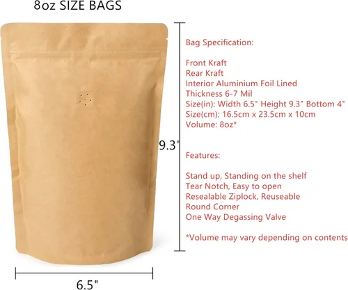 Miniatura 2 de 50 unidades de papel kraft natural de alta barrera con cremallera bolsa de café con válvula de desgasificación unidireccional