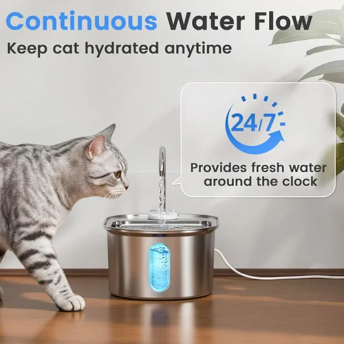 Miniatura 2 de Fuente de agua para gatos de acero inoxidable, dispensador automático de agua para mascotas de 108 onzas / 3.2 L con bomba ultra silenciosa, apagado