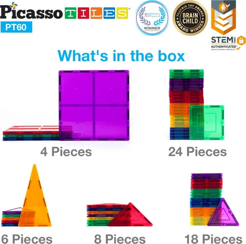 Miniatura 6 de PicassoTiles Paquete de 60 azulejos magnéticos + estuche de transporte: juego educativo STEAM para niños, incluye organizador de almacenamiento