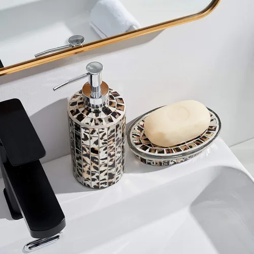 Miniatura 5 de KMWARES Juego de accesorios decorativos de baño de vidrio de mosaico de 5 piezas, incluye dispensador de jabón Hande y vaso, bandeja para jabón