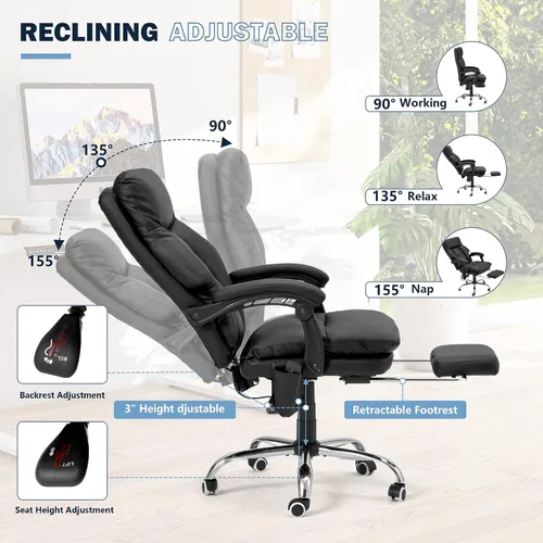 Miniatura 7 de HOMREST Silla de oficina ergonómica con masaje de 6 puntos y calefacción, sillas de escritorio ejecutivas ajustables con reposapiés retráctil, silla