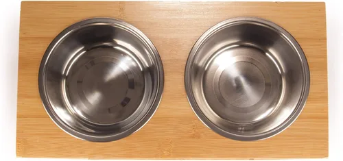 Miniatura 3 de BambooMN Comedero elevado para perros, soporte 100% bambú, 4 cuencos de metal para comida y agua, mediano
