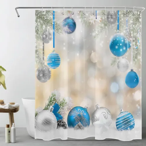 Miniatura 14 de LB Winter Christmas Shower Curtain Sets with Rugs Silver and Light Blue Xmas Ball in Winter Snow Scene Fabric Shower Curtain with Hooks New Year