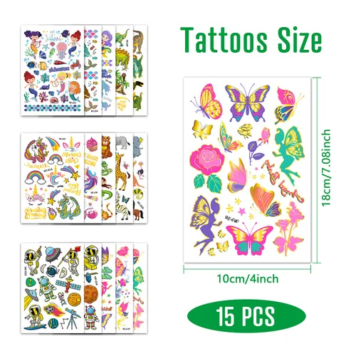 Miniatura 2 de Más de 250 tatuajes temporales para niños, 15 hojas de diseños mixtos de purpurina, tatuajes falsos impermeables para niños, temática de sirena