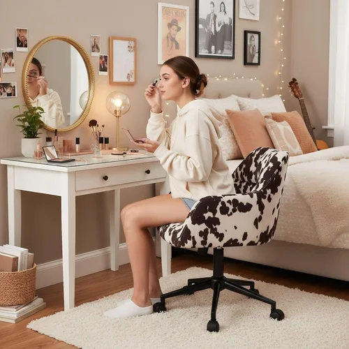 Miniatura 7 de VESCASA Silla de escritorio ajustable para oficina en casa con respaldo cómodo, sillón tapizado giratorio de lino 360 con ruedas para dormitorio