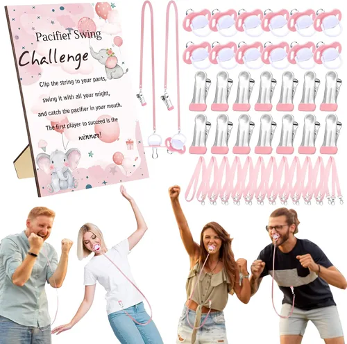 Miniatura 8 de Geelin Juego de 12 juegos de chupete con columpio para baby shower, juegos divertidos de revelación de género, incluye 1 letrero de madera y 12