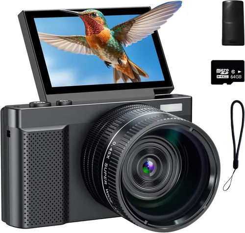 Miniatura 8 de Cámara digital 4K, cámara de vlogging de 64MP para fotografía con pantalla abatible de 180° de 3 pulgadas, cámara digital compacta 16X con tarjeta
