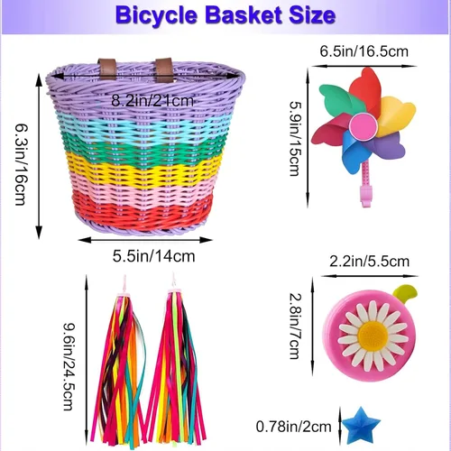 Miniatura 5 de Cesta de bicicleta para niñas, cesta de bicicleta ajustable para manillar delantero con serpentinas de bicicleta, juego de campana/molino de viento