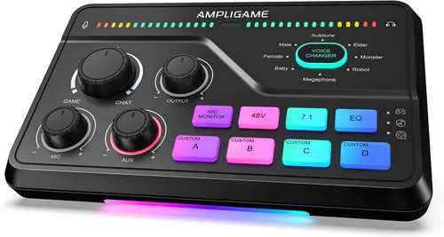 Fifine Mezclador de juegos para chat de voz y transmisión, amplificador de auriculares de sonido envolvente de 7.1 canales, preamplificador XLR,