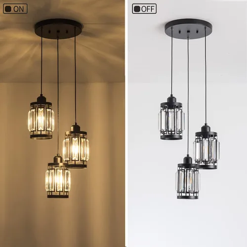 Miniatura 3 de Lámpara colgante de 3 luces de granja ajustable para colgar en el techo con cristales K9 para cocina, restaurante, cafetería, comedor, isla