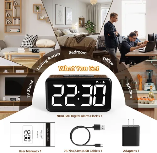 Miniatura 7 de NOKLEAD Reloj despertador digital: veta de madera, pantalla LED grande de 5.9 pulgadas, fácil de usar para personas mayores y hombres, brillo