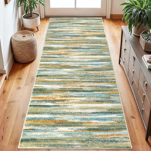 Miniatura 74 de Lansny Alfombra moderna abstracta de 2 x 5 pies, color negro, gris, blanco, lavable, alfombra de entrada para cocina, alfombra antideslizante suave