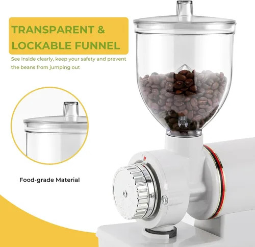 Miniatura 6 de Molinillo de café de Burr eléctrico, para uso comercial y doméstico, silencioso, pequeño, con tolva ajustable, con cepillo, cuchara, color blanco
