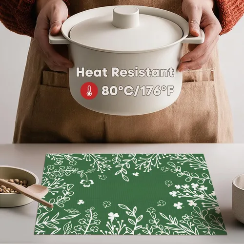 Miniatura 3 de Artoid Mode - Juego de 4 manteles individuales de vinilo de plástico verde oscuro con diseño de maleza y flores silvestres, 12x18 pulgadas, tejidos