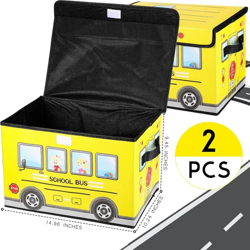 Miniatura 2 de Sweetude Caja del tesoro de autobús escolar de 2 piezas para el aula, caja plegable de almacenamiento de juguetes con tapa, organizador de tesoros