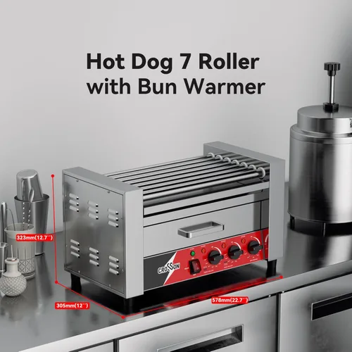 Miniatura 6 de CROSSON Hot Dog 7 Rodillos con Calentador de Pan, Máquina Comercial de Cocina con Asador Giratorio Antiadherente 7 en 304, Parrilla Eléctrica