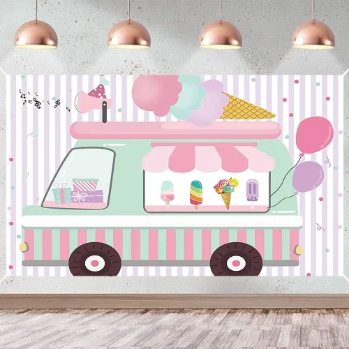 Cartel de fondo con temática de camión de helados, pancarta de fondo de fotografía de cumpleaños para bebés y niñas, decoración de fondo para tartas