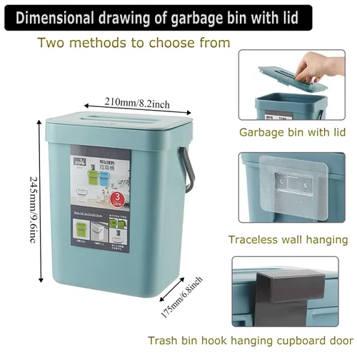 Miniatura 3 de Bote de basura pequeño con tapa, mini bote de basura colgante de cocina herméticamente sellado, sin olor, pequeño contenedor de compost para Azul