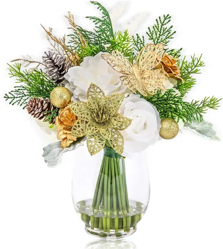 Miniatura 11 de WELL KNOWN Flores falsas en jarrón, flores artificiales con agua falsa, rosa de seda sintética de tacto real y tulipanes florecientes, flor