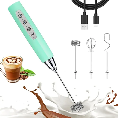 Nahida Varita espumadora de leche azul bebé para café, espumador eléctrico recargable de mano con 3 cabezales, 3 velocidades, mezclador de bebidas,