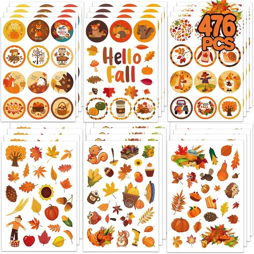 MISS FANTASY Calcomanías de Hello Fall para niños, calabaza de Acción de Gracias y hojas de arce para tarjetas, sobres, regalo, suministros para