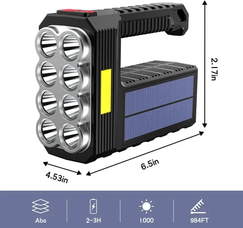 Miniatura 2 de Linterna Solar de 8 LED con Luz Lateral COB, 1000 Lúmenes Linternas Alimentadas por Energía Solar, Linternas de Mano Impermeables con Carga Solar