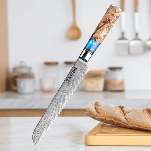 Miniatura 8 de XITUO VG10 Juego de cuchillos de chef japoneses de acero Damasco de 4 piezas, resina azul y mango de madera, cuchillo de chef de 8 pulgadas