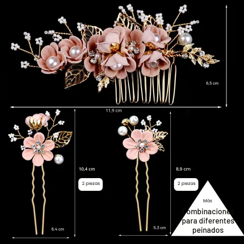 Miniatura 3 de 5 Piezas Horquillas de Flores Nupciales para Cabello de Boda Peines de Cabello de Cristal y Perla Clips Tocado Dorado Accesorios de Cabello de Boda