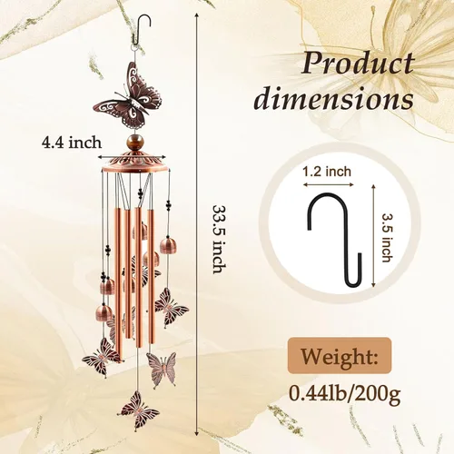 Miniatura 3 de Ukulork Campanas de Viento para Exterior en Oferta, Campana de Mariposas de Aluminio con Tubo y Gancho en S, Decoración para Patio y Jardín, Regalo