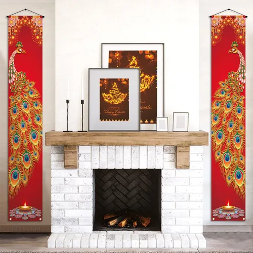 Miniatura 2 de Nepnuser Cartel de feliz Diwali para porche, pavo real, festival indio de luces, decoración de fiesta, letrero de bienvenida hindú Deepavali