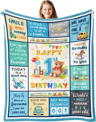 Solzien Manta de regalo de cumpleaños para niño de 1 año, 50 x 40 pulgadas, regalos para hijo de un año, sobrino/nieto, decoraciones de primer