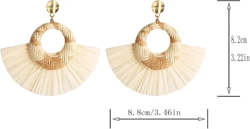 Miniatura 2 de STWTR Pendientes de rafia grandes, ligeros, geométricos, con flecos, trenzados, bohemios, hechos a mano, paja, trenzados, de mimbre, para mujeres