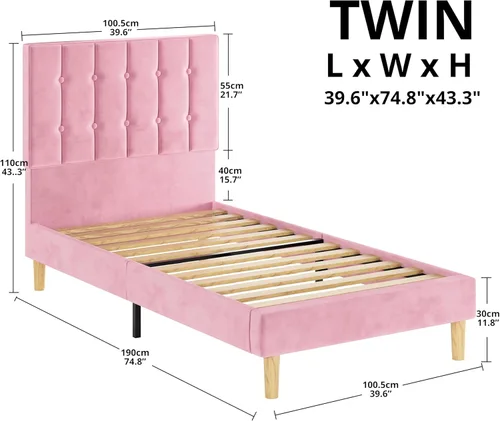 Miniatura 2 de LIKIMIO Base de cama tamaño individual, plataforma tapizada de terciopelo con cabecero y listones de madera fuertes, no necesita somier, sin ruido