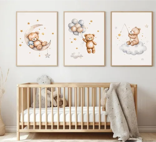 Miniatura 7 de Baccone Arte de pared para habitación de guardería con oso de peluche, póster para habitación de bebé niño o niña, decoración de pared de guardería