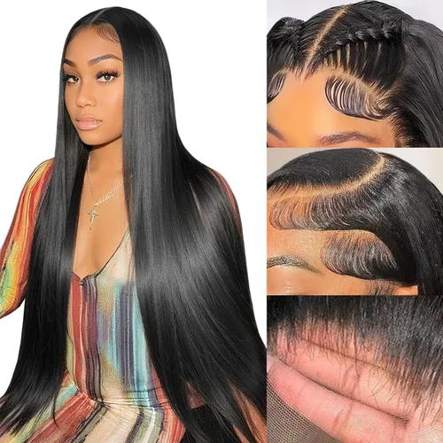 Pelucas de cabello humano lacio con encaje frontal transparente HD de 36 pulgadas y 13 x 6 pulgadas para mujer, densidad 200, sin pegamento, color