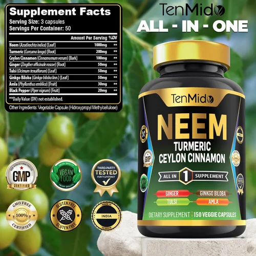 Miniatura 2 de Suplemento de hoja de neem – Fórmula 8 en 1 – Combina con cúrcuma, canela de Ceilán, jengibre, Tulsi, Ginkgo Biloba, Amla y pimienta negra – Apoyo a