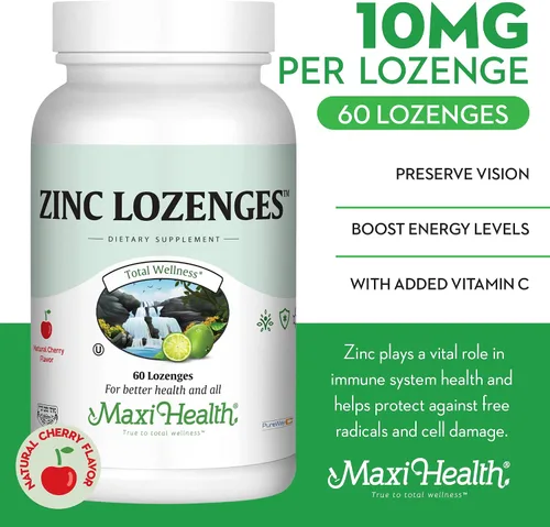 Miniatura 2 de Maxi-Health Pastillas de zinc – Citrato de zinc 10 mg – con vitamina C – Sabor a cereza – 60 masticables – Kosher