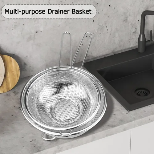 Miniatura 7 de Colador de acero inoxidable de malla fina con mango largo colador de cocina multiusos para colar, enjuagar, freír, cocinar al vapor y cocinar