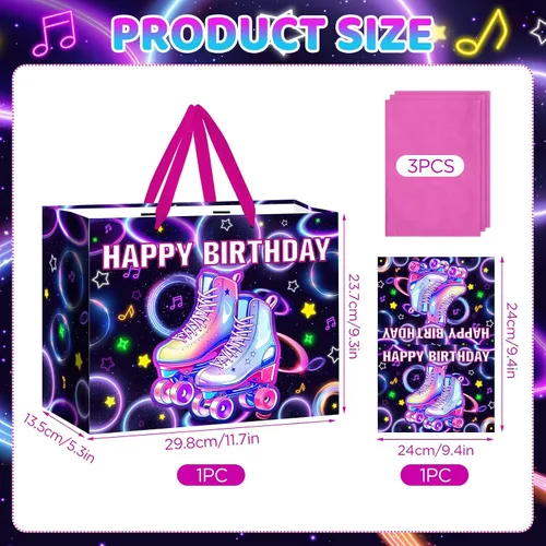 Miniatura 3 de Patinaje sobre ruedas para decoración de cumpleaños, bolsa de regalo de cumpleaños con papel de regalo y tarjeta, bolsa de papel grande y colorida